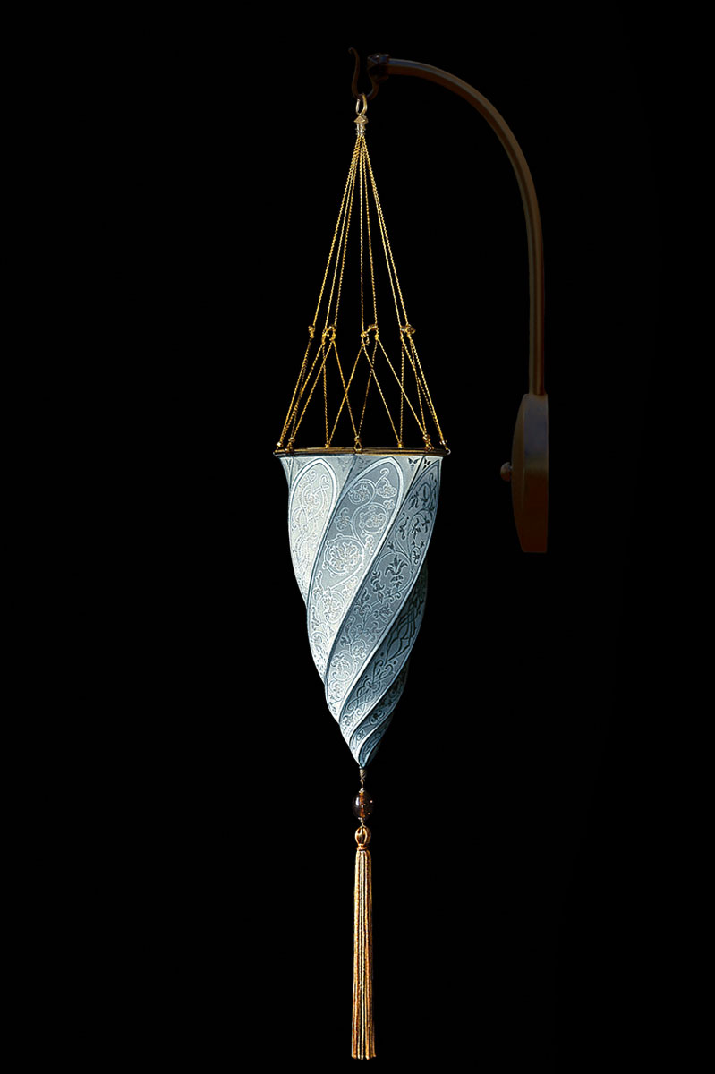 Fortuny Cesendello Classic light blue silk arc-wall lamp