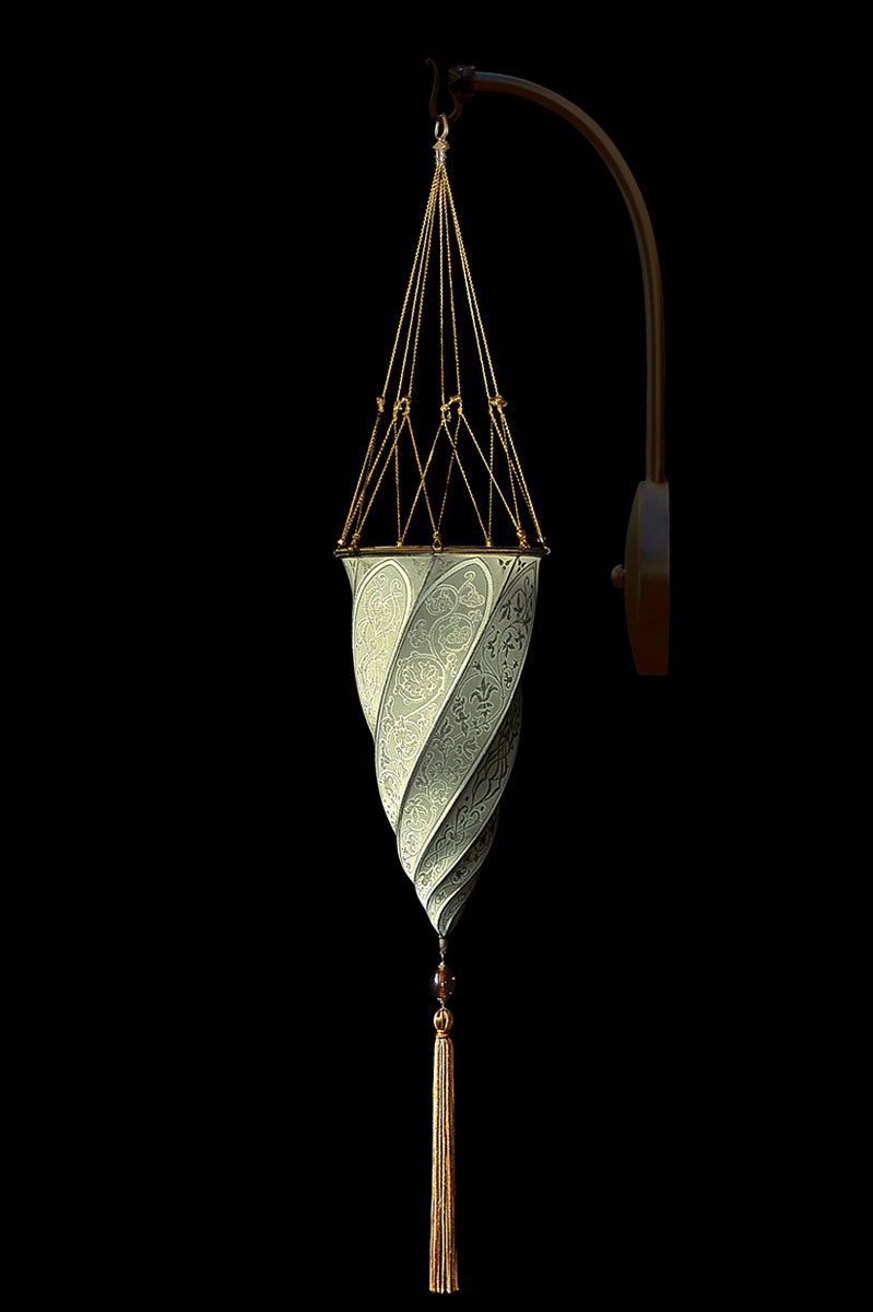 Fortuny Cesendello Classic sage grey silk arc-wall lamp