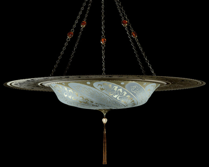 Fortuny Scudo Saraceno Serpentine light blue silk lamp with metal ring