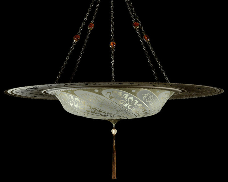Fortuny Scudo Saraceno Serpentine sage grey silk lamp with metal ring