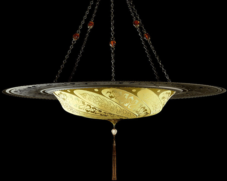 Fortuny Scudo Saraceno Serpentine yellow ochre silk lamp with metal ring
