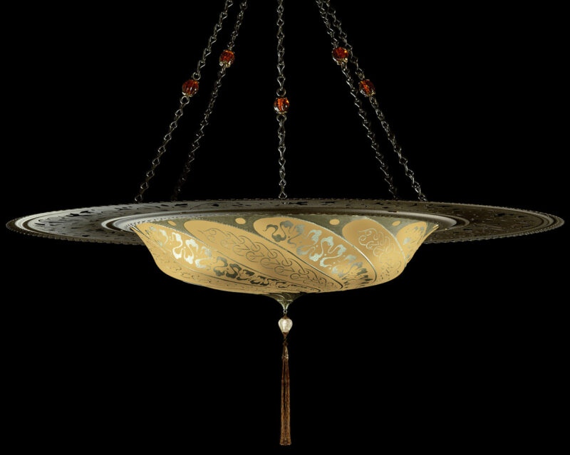 Fortuny Scudo Saraceno Serpentine salmon silk lamp with metal ring
