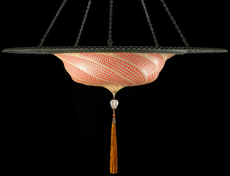 Luminaire en verre Fortuny Scudo Saraceno rouge mosaique avec l'anneau en métal