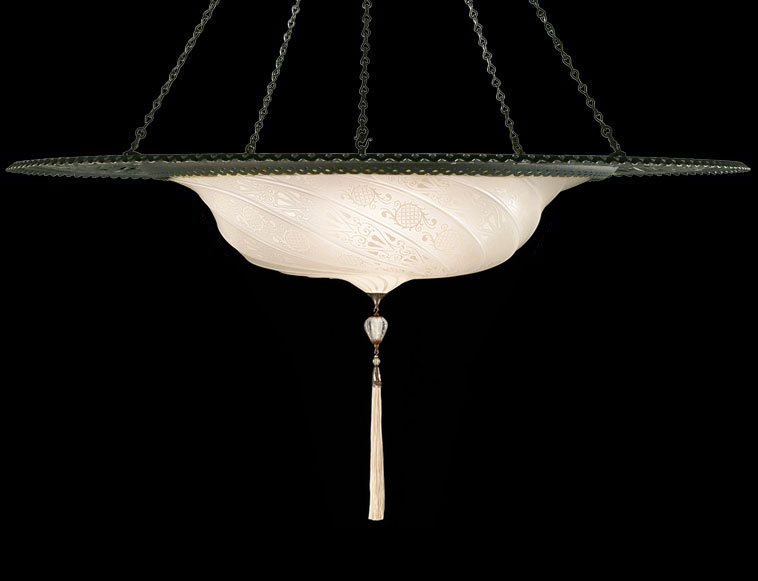 Luminaire en verre Fortuny Scudo Saraceno blanc classique avec l'anneau en métal