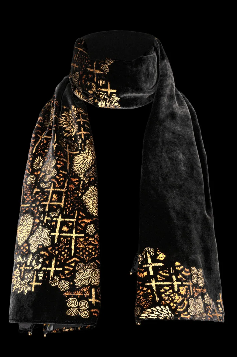 Printed Velvet Scarf with murano beads Black