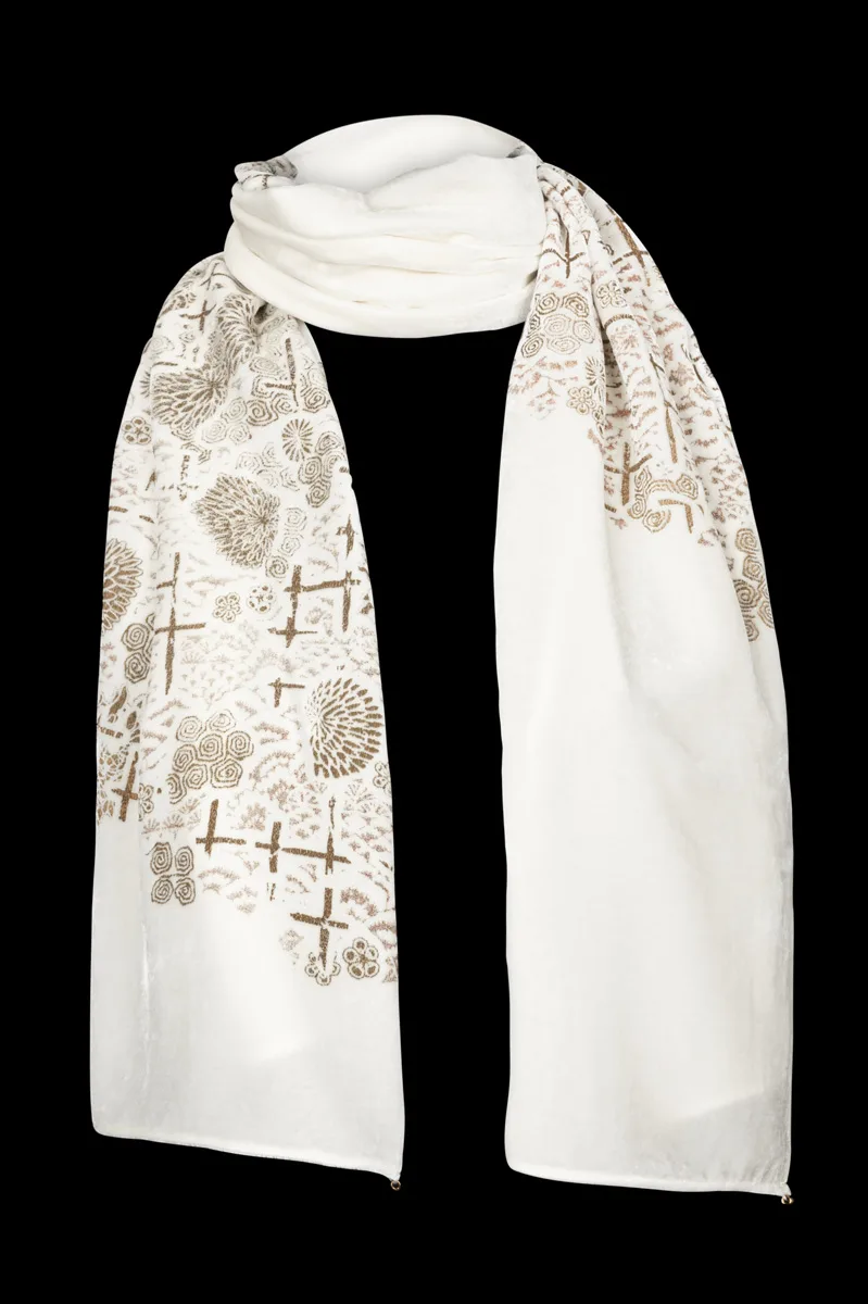 Printed Velvet Scarf with murano beads white