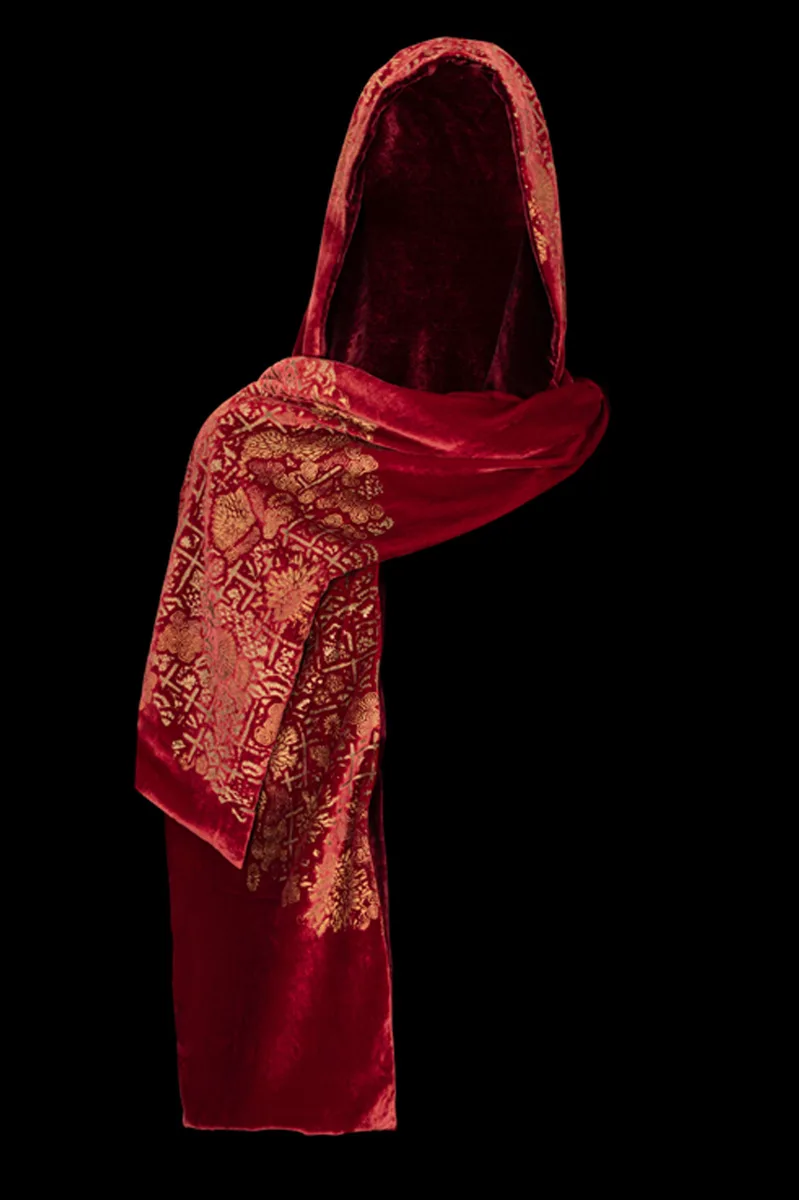 Fortuny Printed Velvet hooded Shawl Red