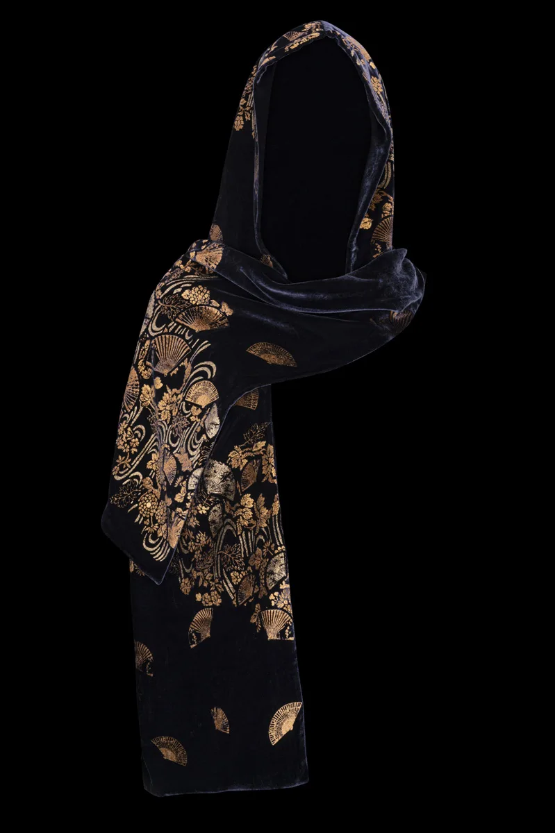 Fortuny Printed Hooded Shawl Navy Blue
