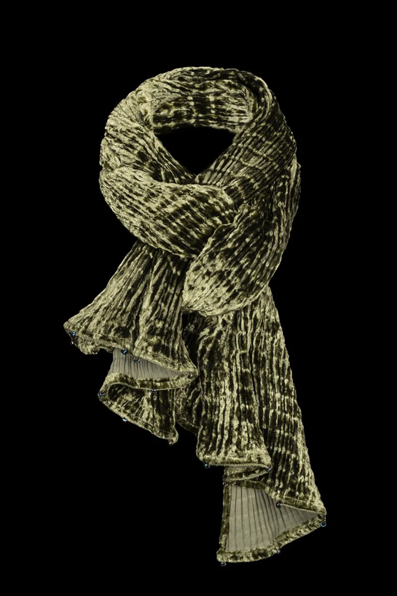 Fortuny Pleated Velvet Scarf Olive Green