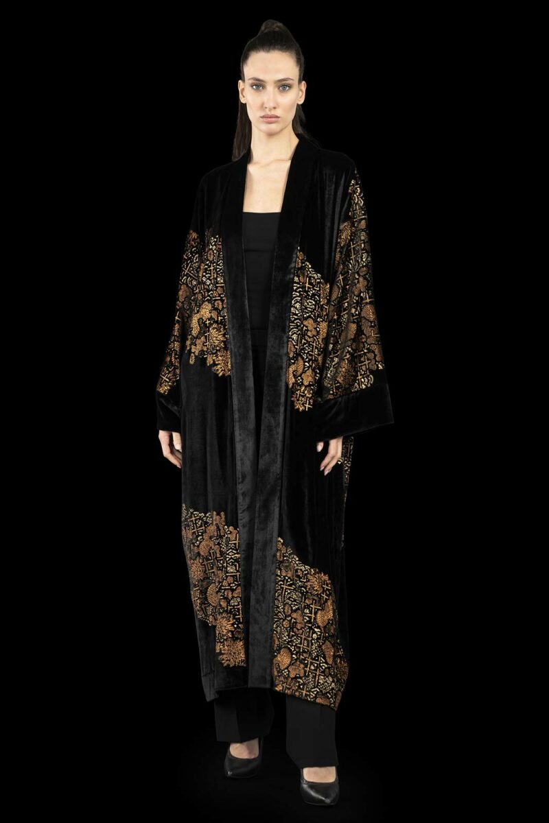 Printed velvet long evening coat