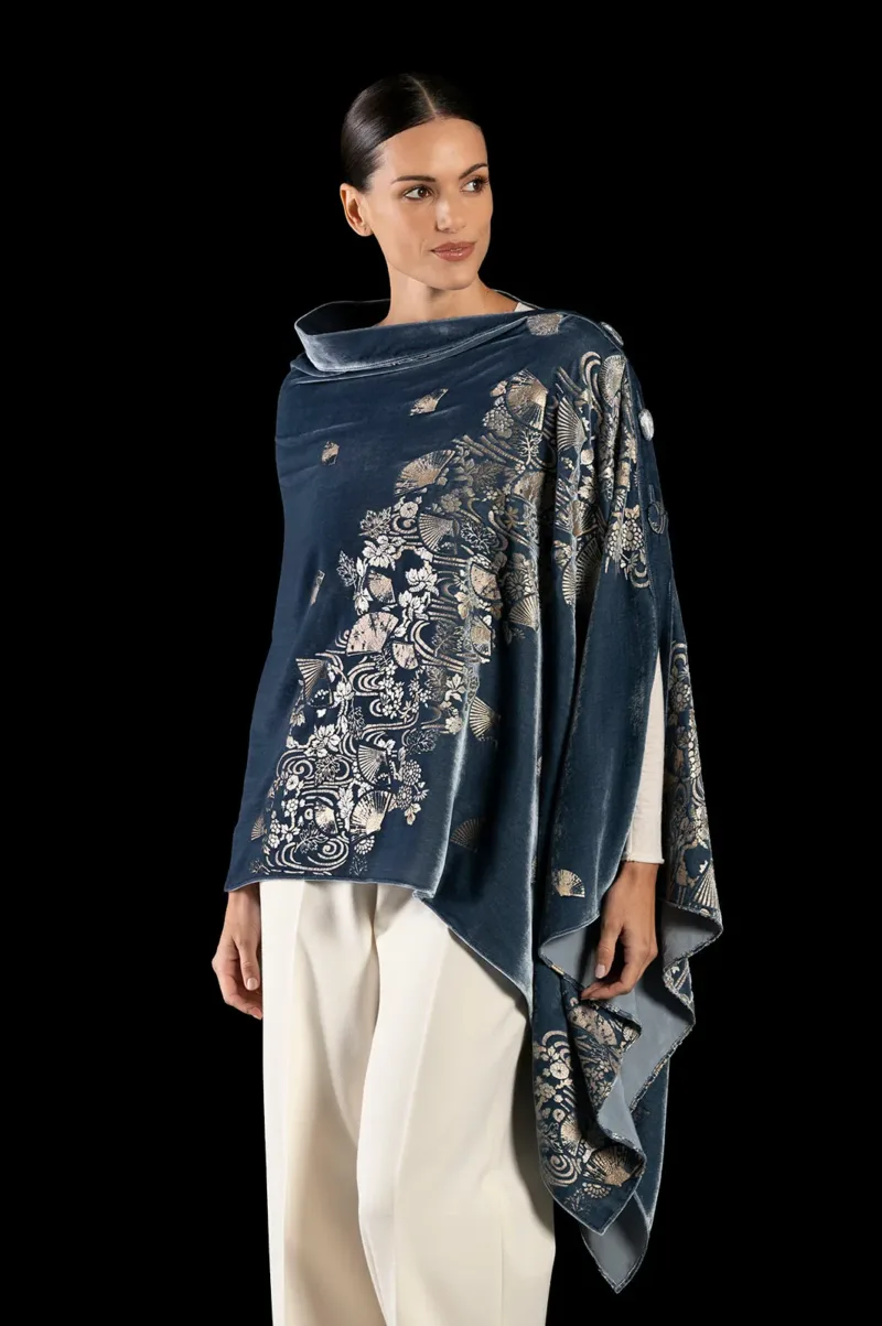 Fortuny printed velvet stole with buttons front
