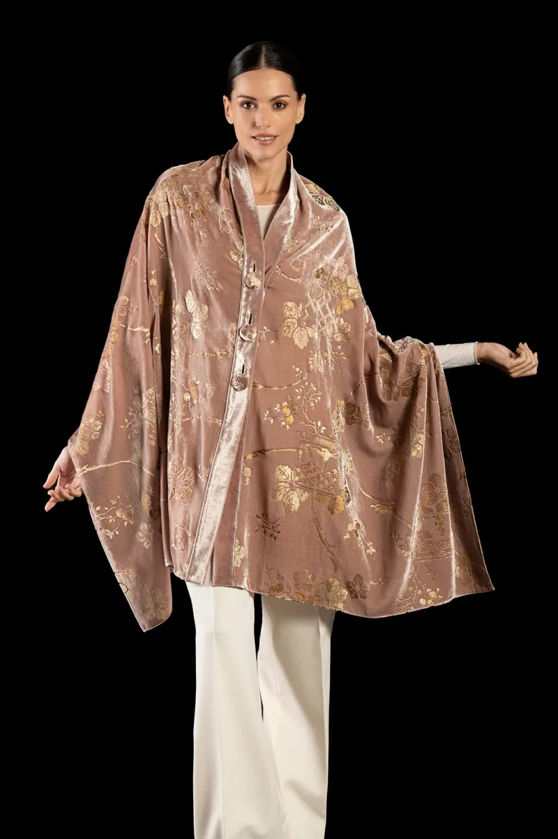Fortuny printed velvet stole with buttons front