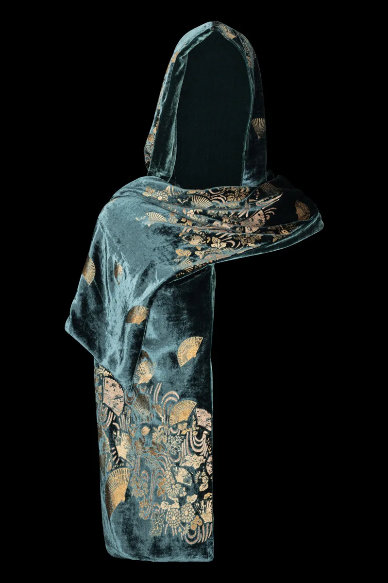 Printed velvet hooded shawl