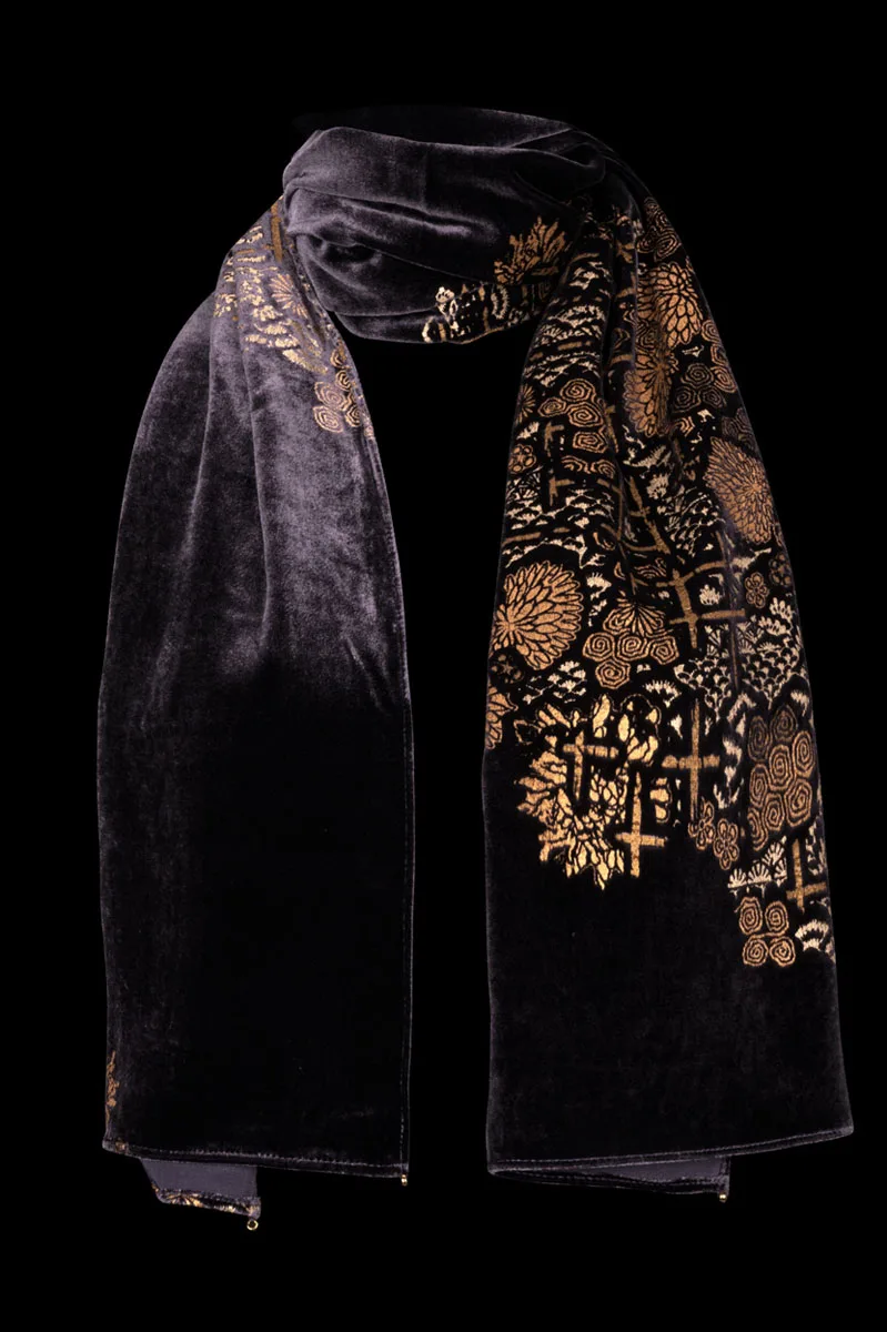 Printed Velvet Scarf with murano beads Aubergine